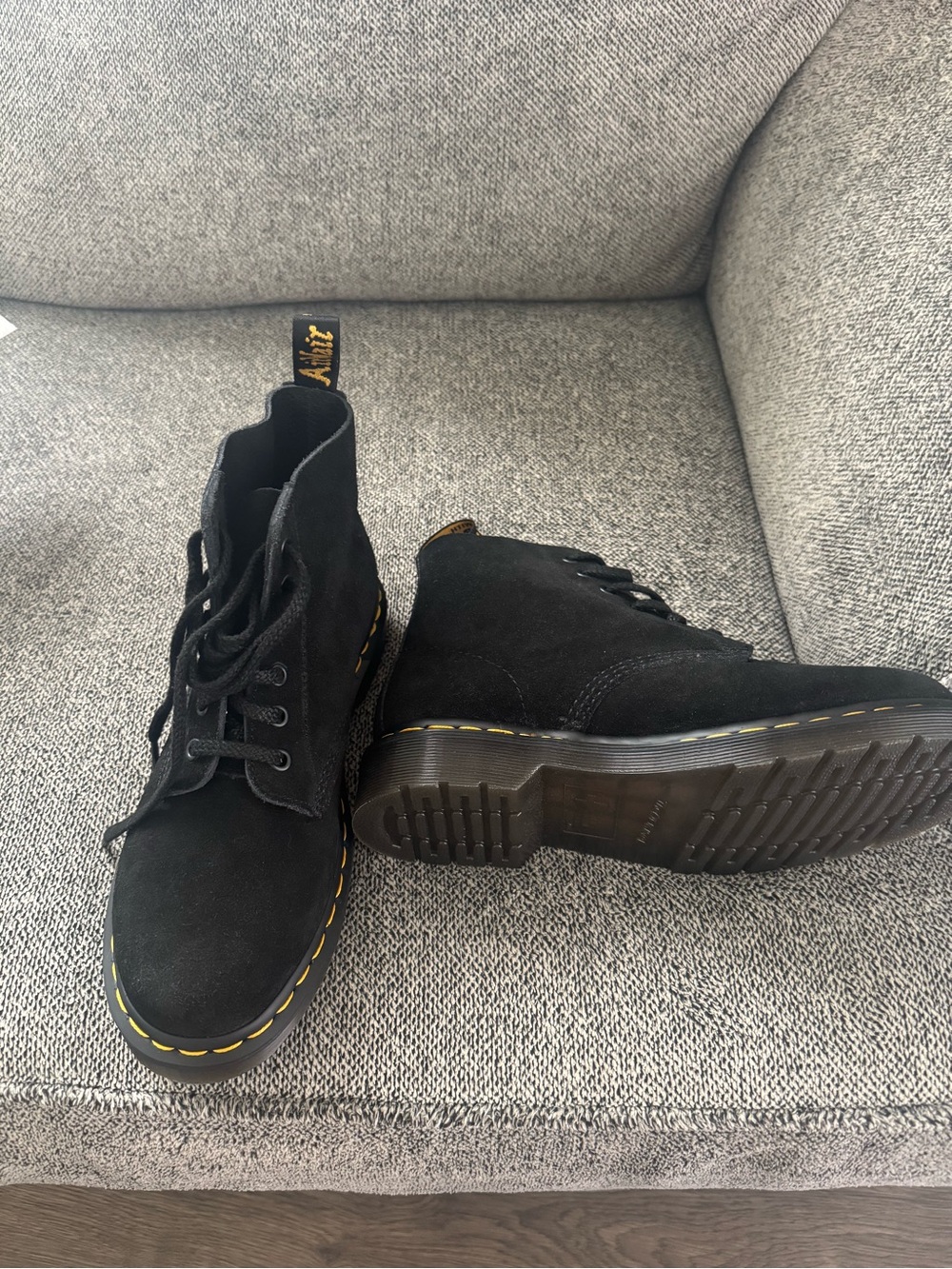 Dr. Martens Black Suede 6-Eye Chukka Boots with Yellow Stitching